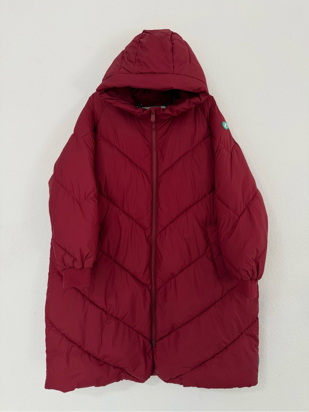 SAVE THE DUCK Raspberry Red Long Hooded Vegan Puffer Coat